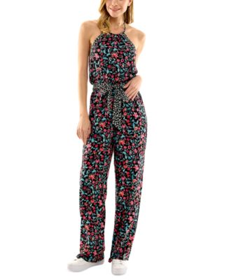 Kingston Grey Juniors' Floral-Print Ruched-Front Jumpsuit - Macy's