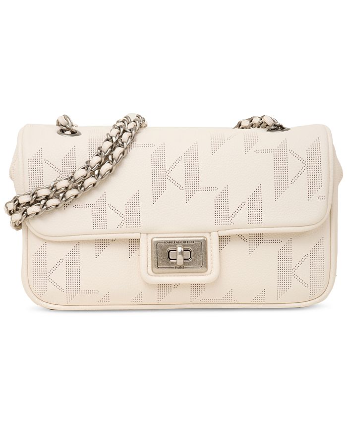 KARL LAGERFELD PARIS Agyness Quilted Leather & Gold Shoulder Bag in Winter  White