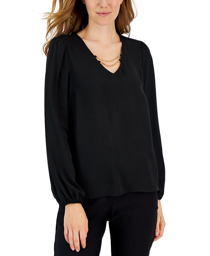 T Tahari Women's LongSleeve VNeck ChainDetail Top Macy's