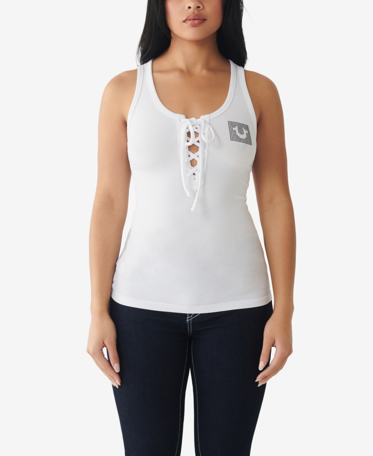True Religion Women s Crystal Box Logo Lace Up Tank Top Smart Closet