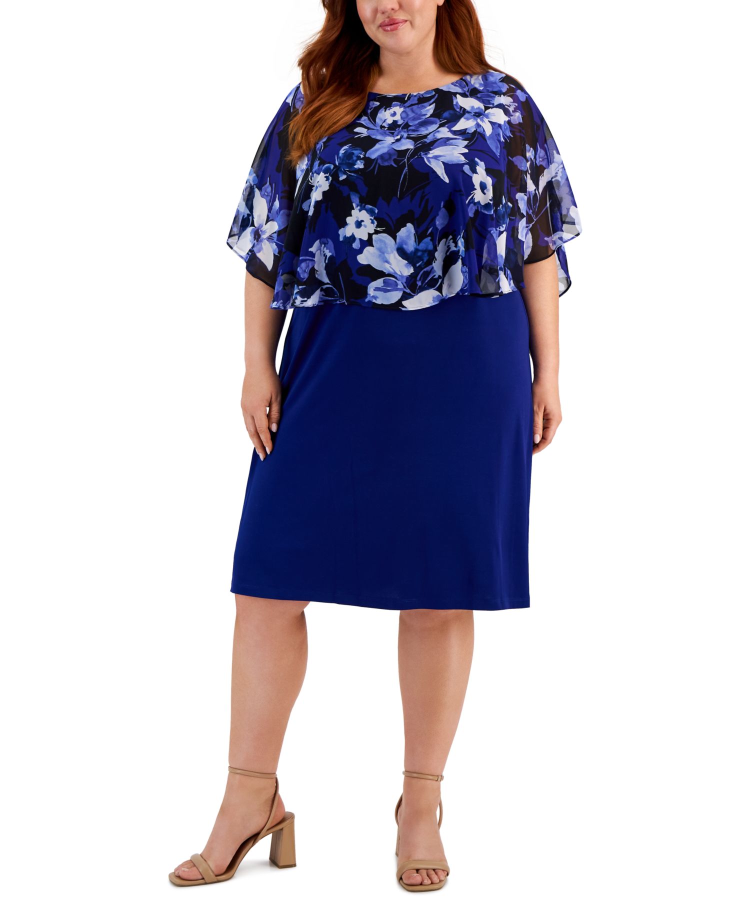 Plus Size Floral-Print Capelet Sheath Dress