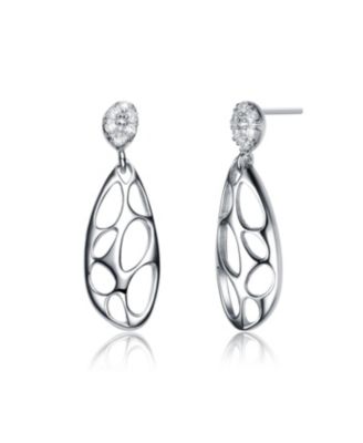 Sterling Silver Cubic Zirconia Oval Drop Lace Design Earrings