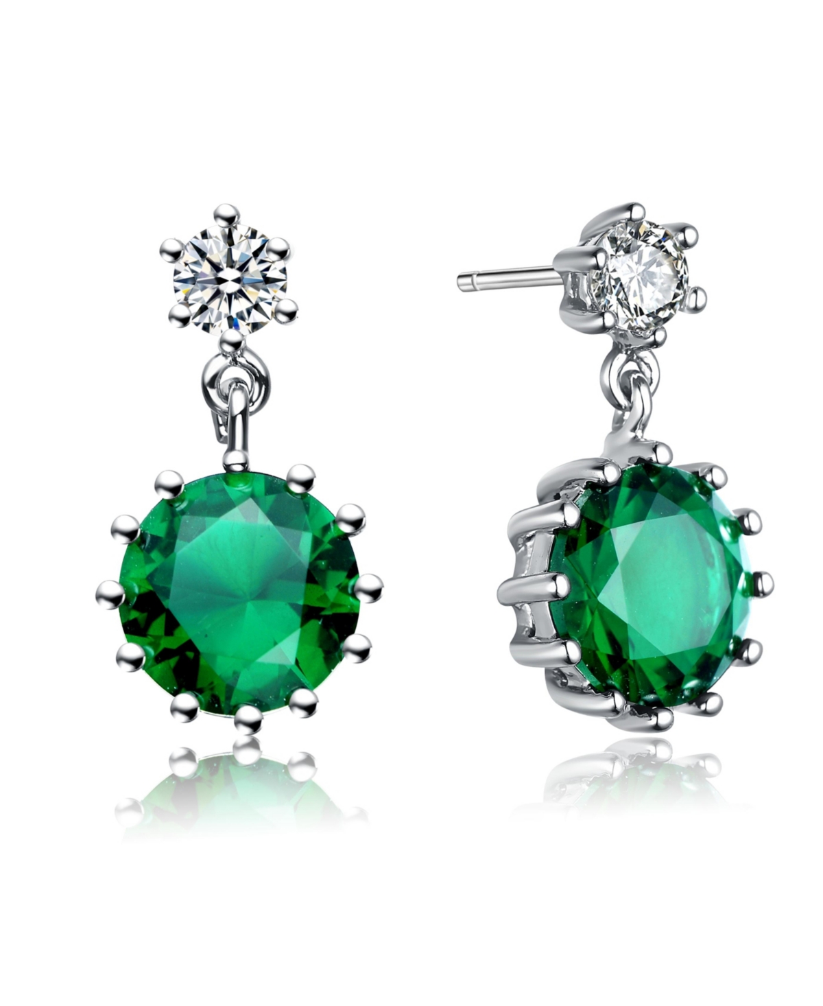 Genevive Sterling Silver White Gold Plated Cubic Zirconia Circle Drop Earrings In Green