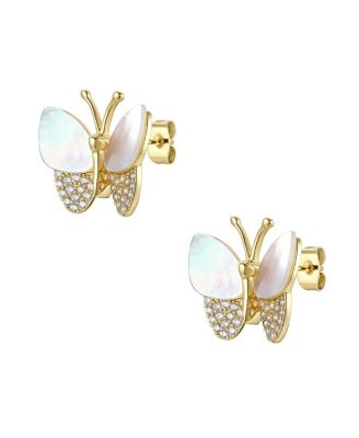 Sterling Silver Large 14k Gold Plated Sterling Silver with Mother of Pearl & Cubic Zirconia Butterfly Stud Earrings