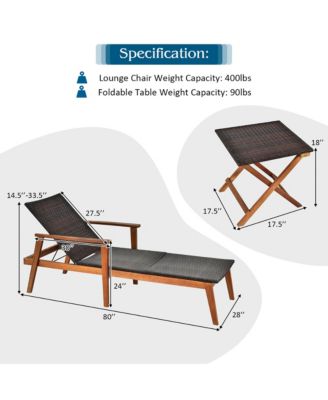 3PCS Patio Rattan Lounge Chair Chaise Set Wooden Frame Folding Table
