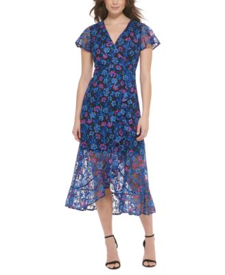 kensie - Women's Embroidered Flutter-Sleeve Ruffled Dress