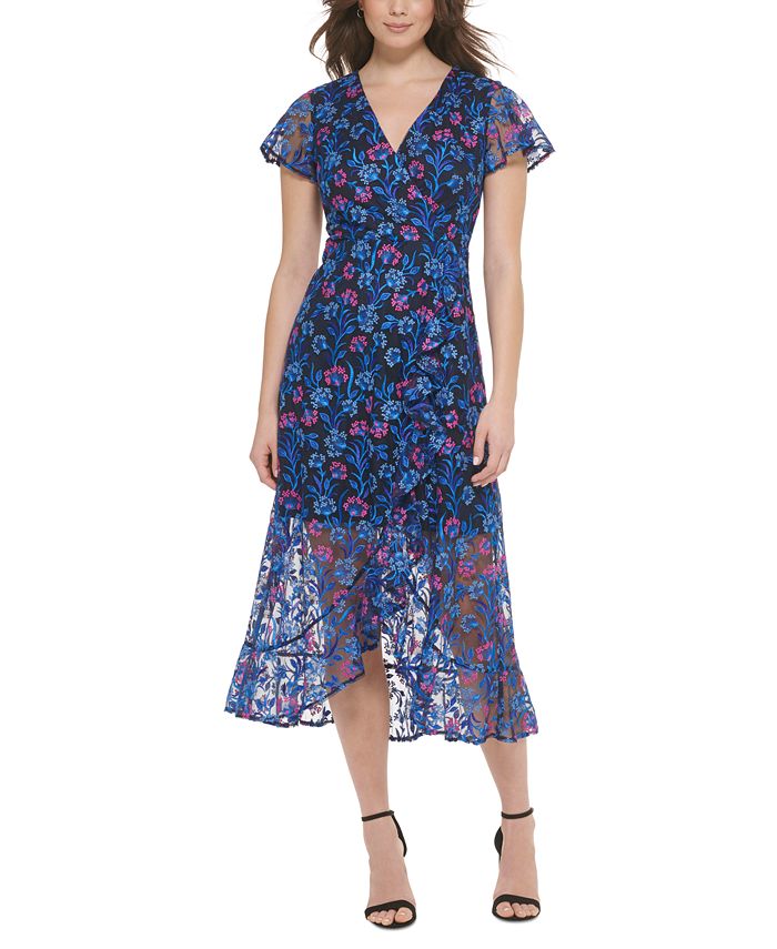 kensie Women's Embroidered Flutter-Sleeve Ruffled Dress - Macy's