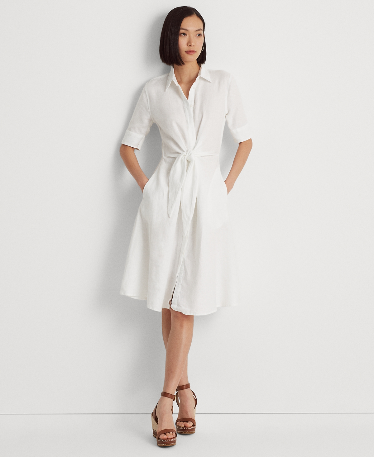 Shop Lauren Ralph Lauren Petite Linen Fit & Flare Shirtdress In White