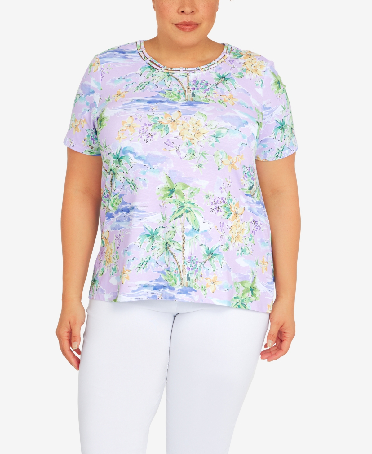 Alfred Dunner Plus Size Classic Island Tropical Scene 3/4 Sleeve Top In Lilac