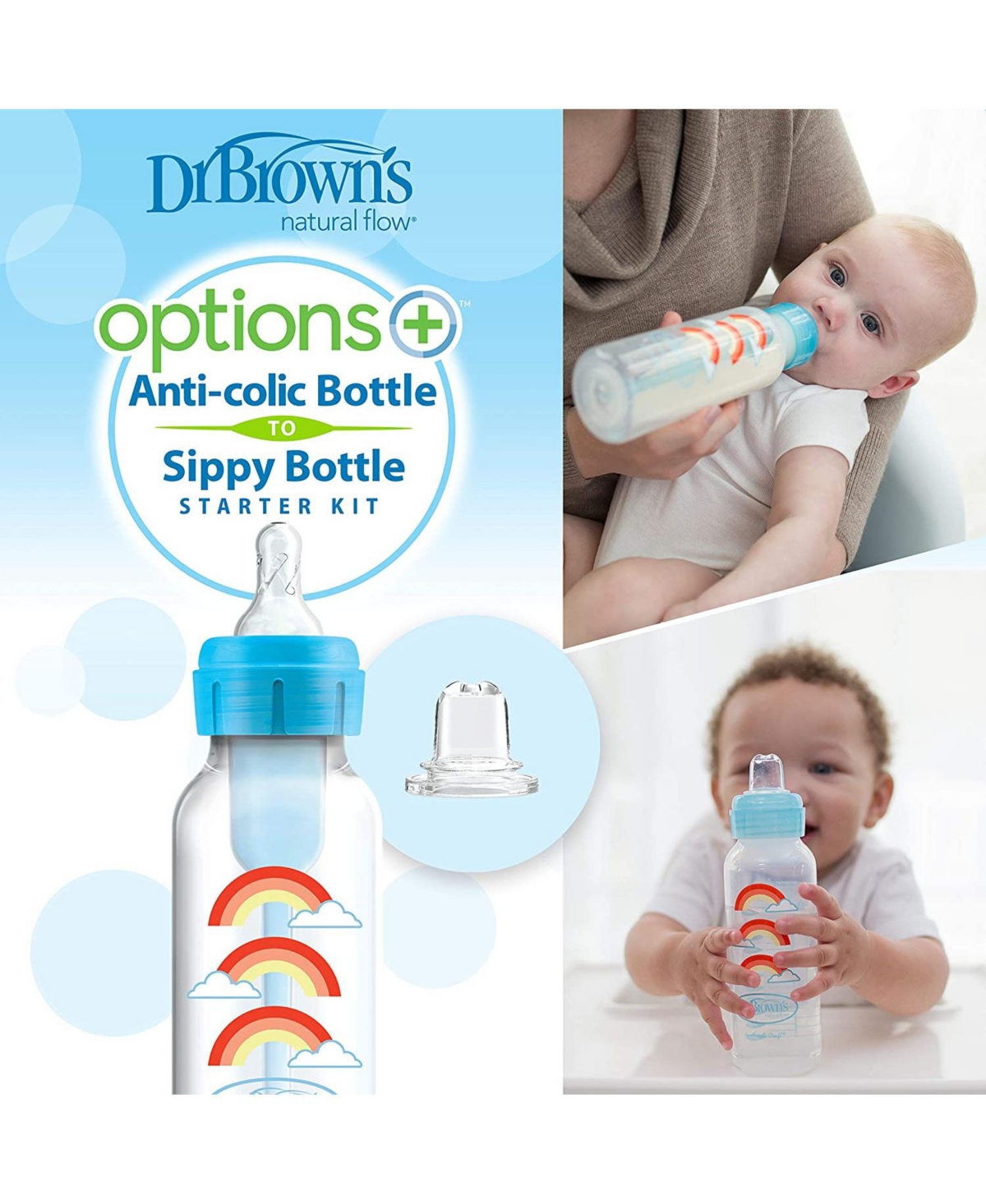 Dr. Browns Baby Options+ Anti-Colic Baby Bottle to Sippy Bottle Starter Kit, 8oz, 3 pack - Assorted Pre-Pack