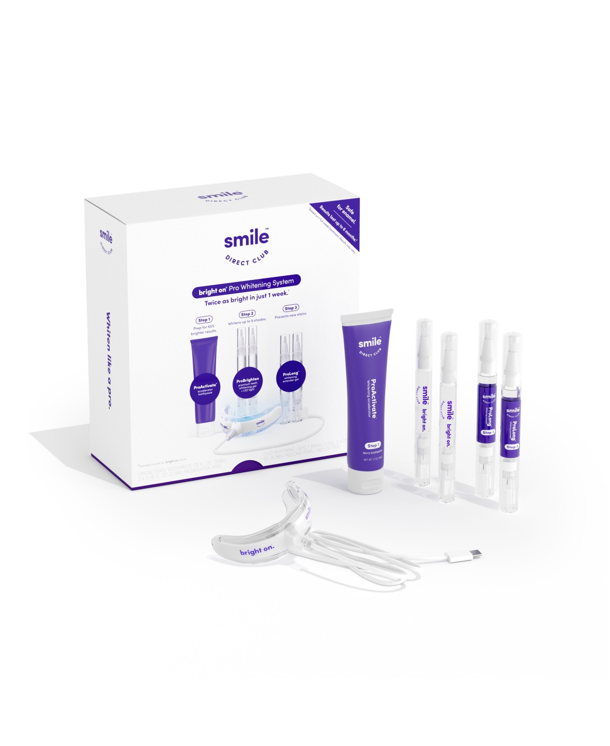 Smile Direct Club Pro Teeth Whitening Gel System With Led Light, 4 Pack Pens And Whitening Toothpaste In Blurple