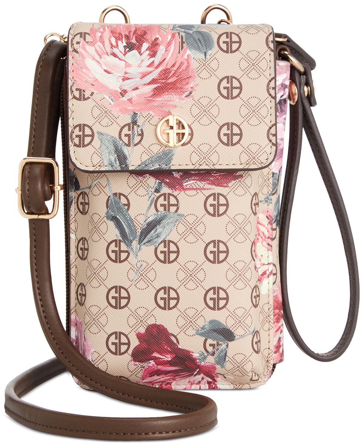Giani Bernini Signature Floral Tech Crossbody Wallet, Created For Macy's In Taupe