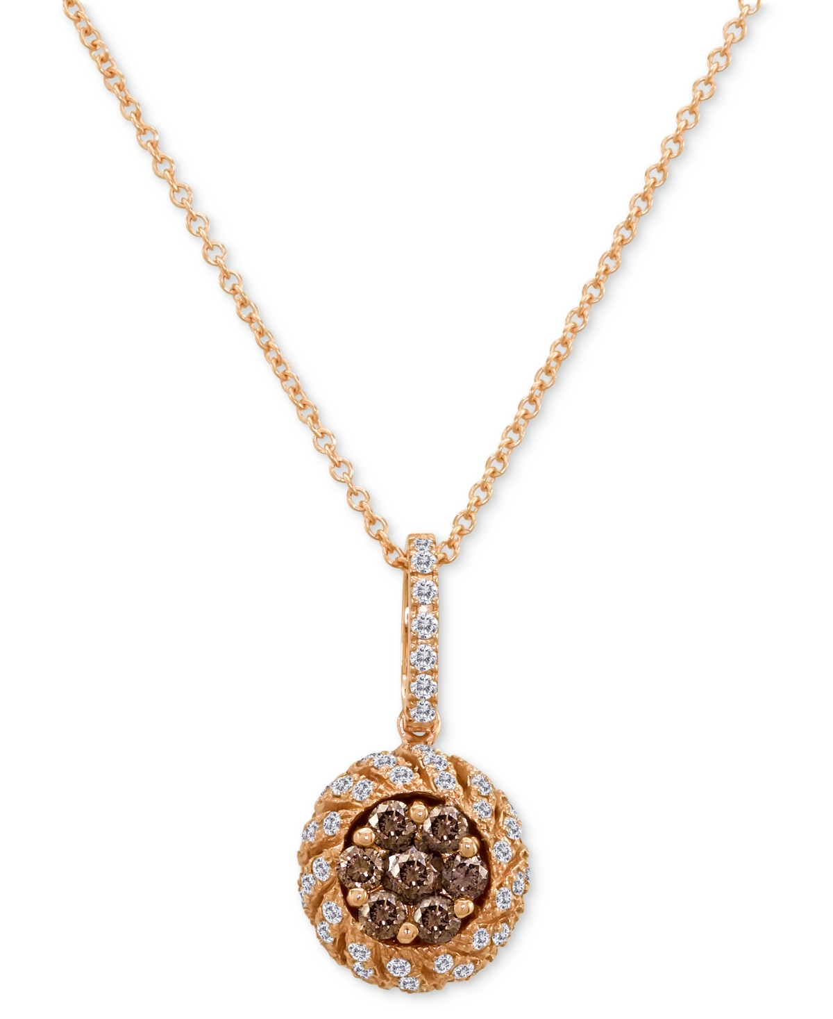 Chocolate Diamond (3/8 ct. t.w.) & Vanilla Diamond (1/3 ct. t.w.) Halo Cluster 18" Pendant Necklace in 14k Rose Gold - K Strawberry Gold Penda