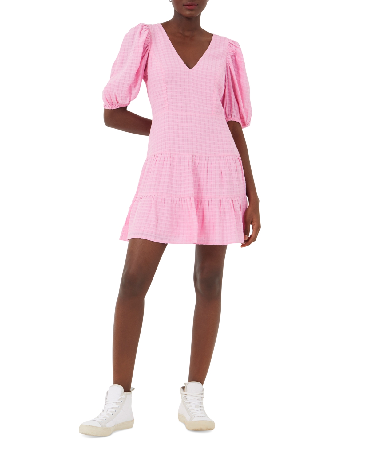 French Connection Gingham Tiered Dress In Moonlite Mauve