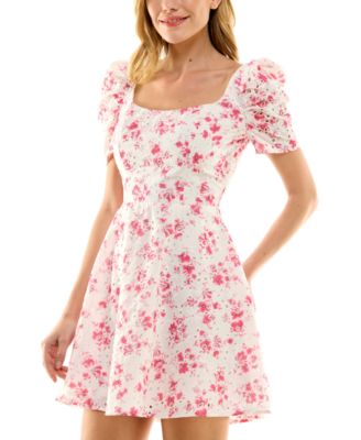 City Studios - Juniors' Floral-Print Puff-Sleeve Eyelet Dress