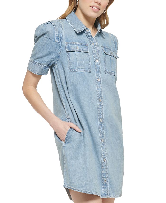 DKNY Jeans Women's Puff-Sleeve Button-Front Cotton Denim Shirtdress ...
