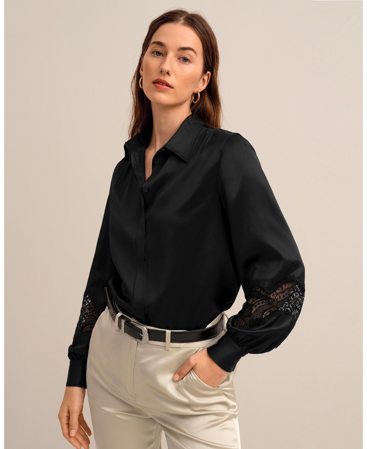 The Armeria Lace Silk Blouse for Women - Lily white