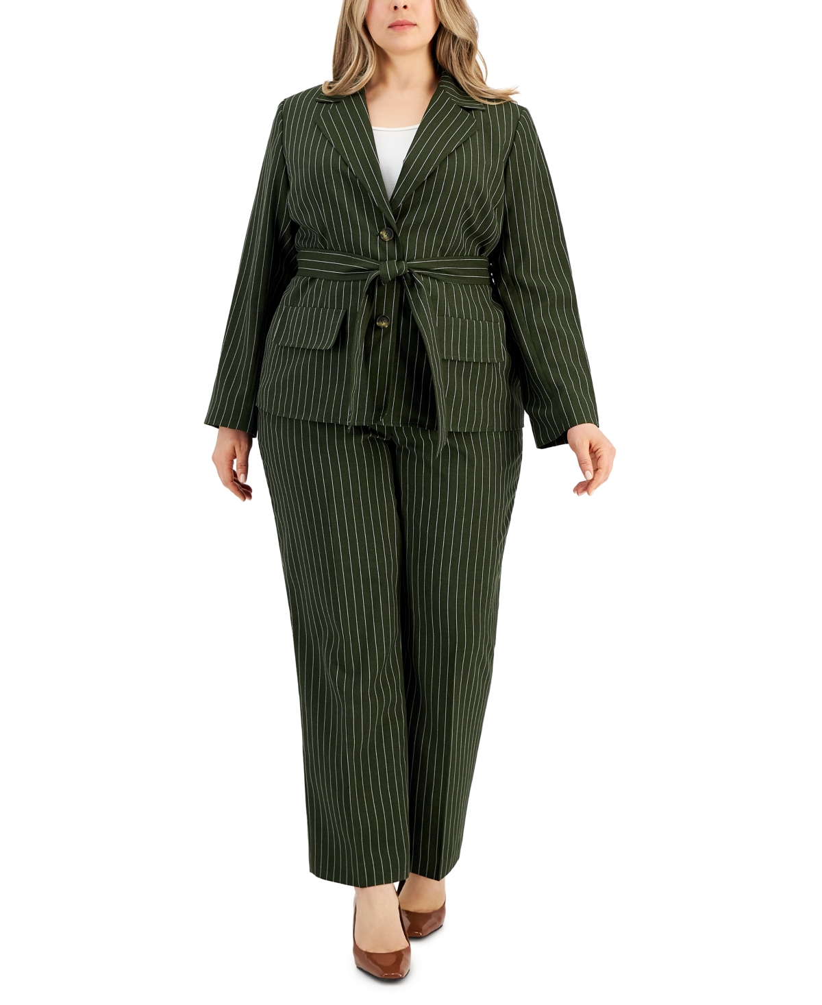 Plus Size Striped Belted Pantsuit - Black/White