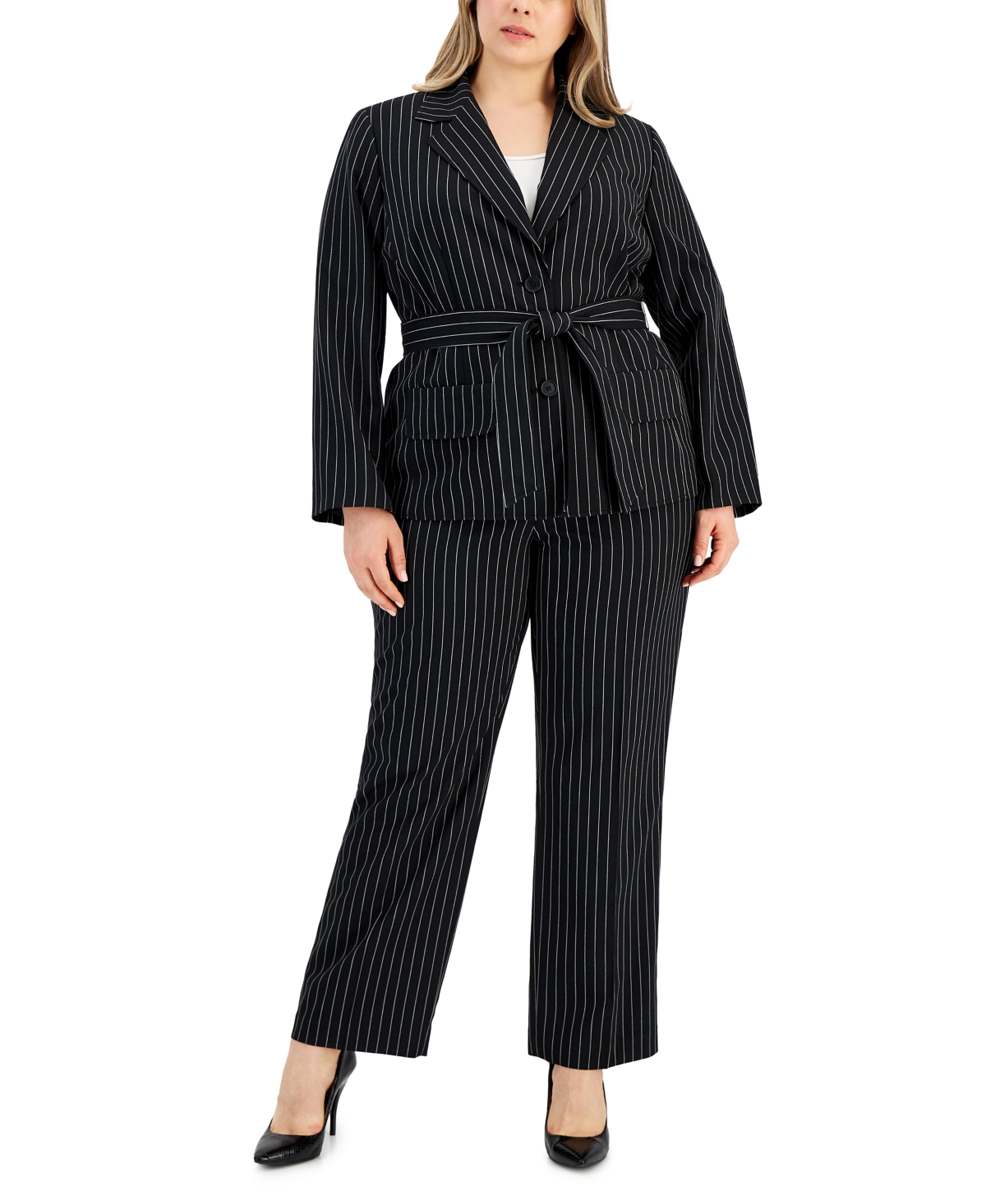 Plus Size Striped Belted Pantsuit - Black/White