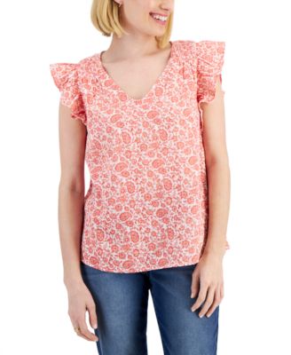 Style & Co - Petite Cotton Gauze Flutter-Sleeve Top