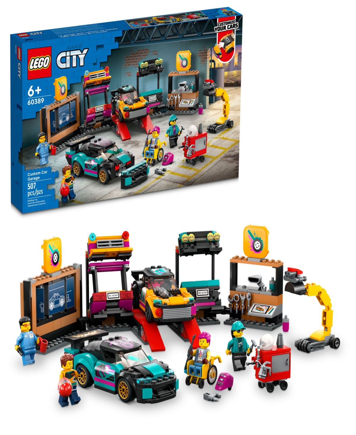 Lego City Great Vehicles Custom Car Garage 60389 Toy Building Set With 2 Mechanic And 2 Driver Minifigure In Multicolor