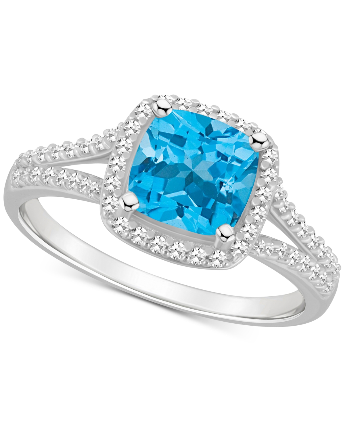 Macy's Amethyst (1-1/2 Ct. T.w.) & Diamond (1/4 Ct. T.w.) Cushion Halo Split Shank Ring In Sterling Silver In Blue Topaz