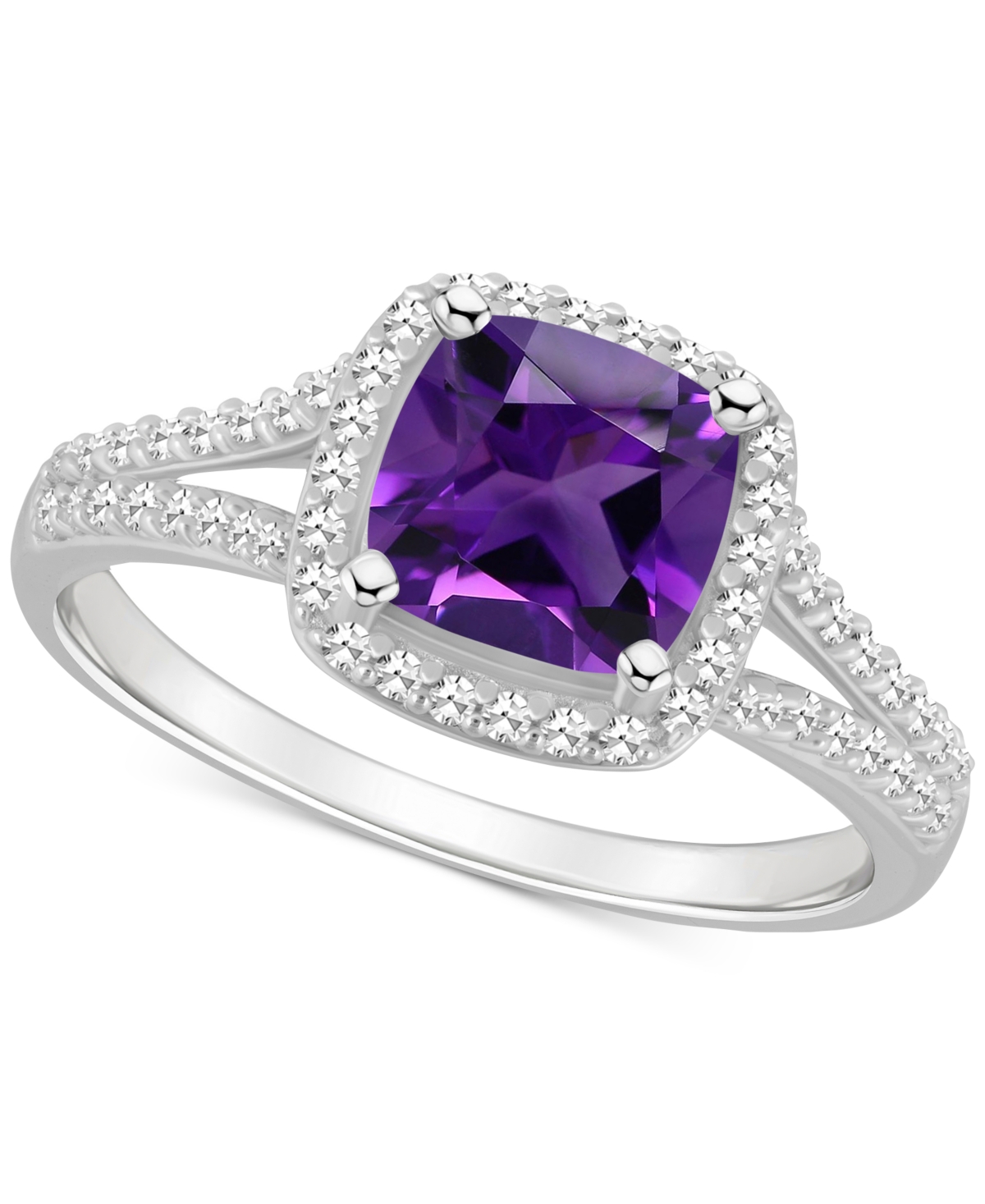 Macy's Amethyst (1-1/2 Ct. T.w.) & Diamond (1/4 Ct. T.w.) Cushion Halo Split Shank Ring In Sterling Silver