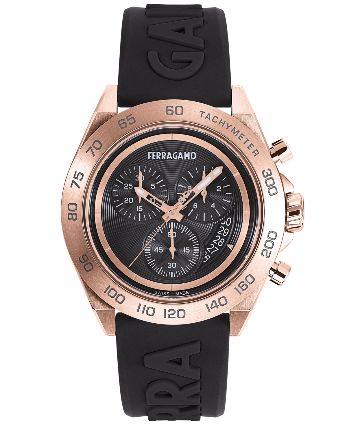 Ferragamo Salvatore  Men's Swiss Chronograph Urban Black Silicone Strap Watch 43mm In Ip Rose Gold