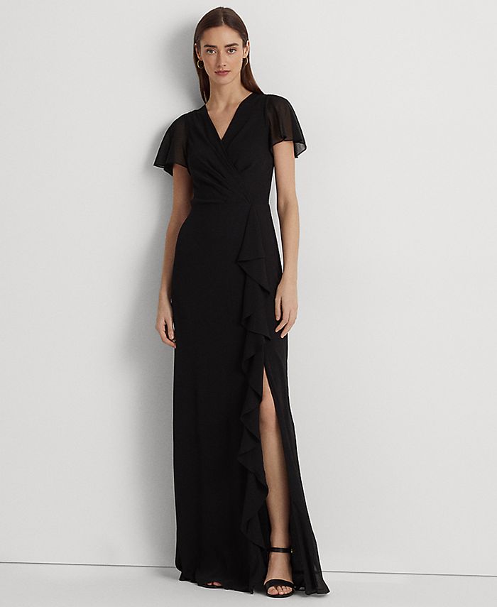 Lauren Ralph Lauren Women's Belted Georgette Flutter-Sleeve Gown & Reviews  - Dresses - Women - Macy's
