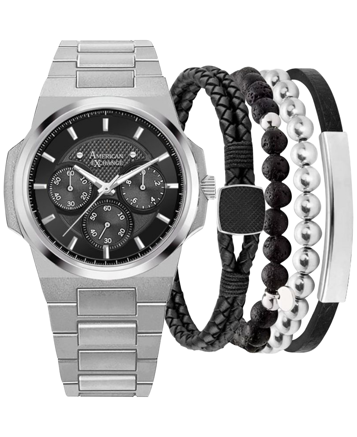 American Exchange Men's Silver-tone Bracelet Watch 45mm Gift Set