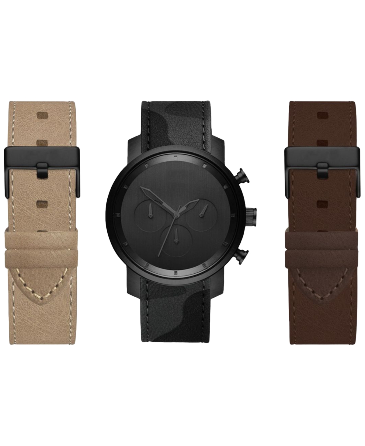 Men's Chronograph Leather Strap Watch 44mm Gift Set - Black