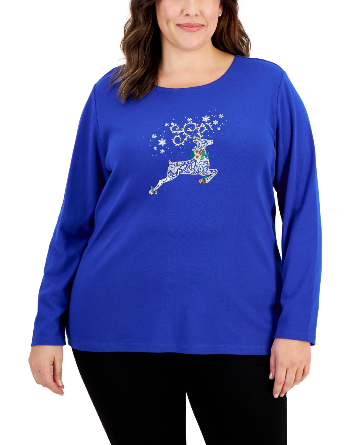 Karen Scott Plus Size Embellished Long-sleeve Cotton Top, Created For Macy's In Ultra Blue
