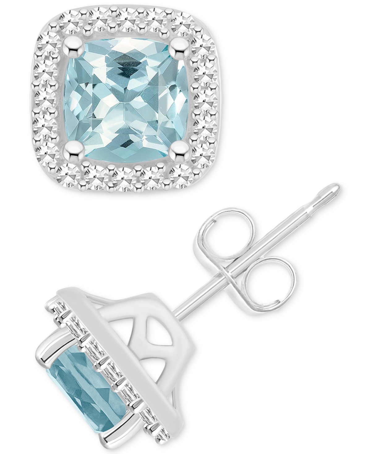 Macy's Aquamarine (1 Ct. T.w.) & Diamond (1/5 Ct. T.w.) Cushion Halo Stud Earrings In Sterling Silver
