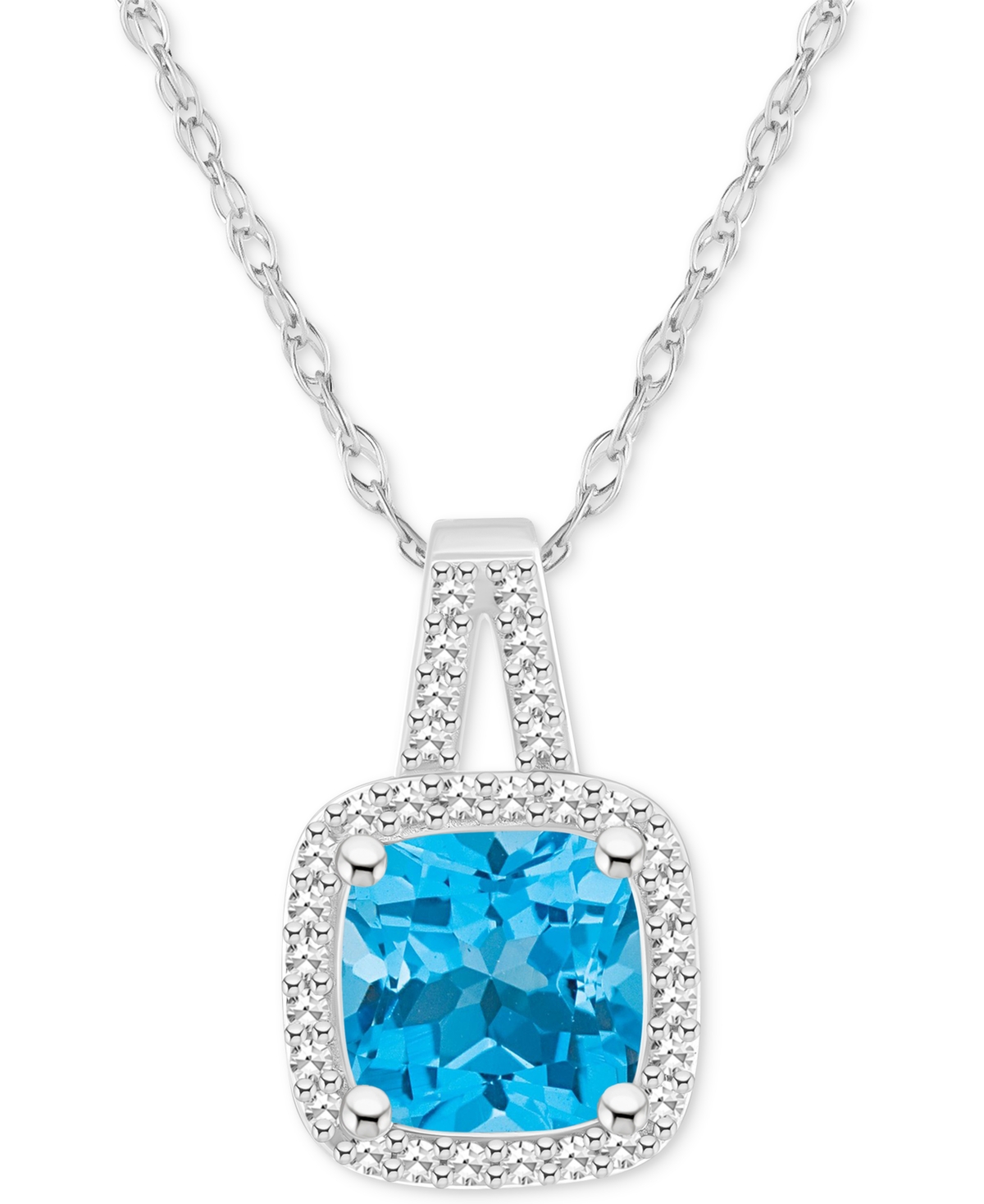 Macy's Amethyst (1-1/2 Ct. T.w.) & Diamond (1/6 Ct. T.w.) Cushion Halo 18" Pendant Necklace In Sterling Sil In Blue Topaz
