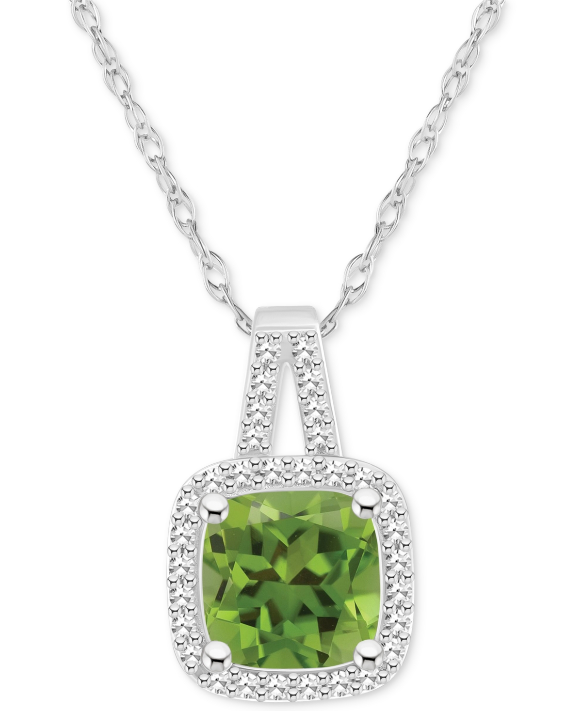 Macy's Amethyst (1-1/2 Ct. T.w.) & Diamond (1/6 Ct. T.w.) Cushion Halo 18" Pendant Necklace In Sterling Sil In Peridot