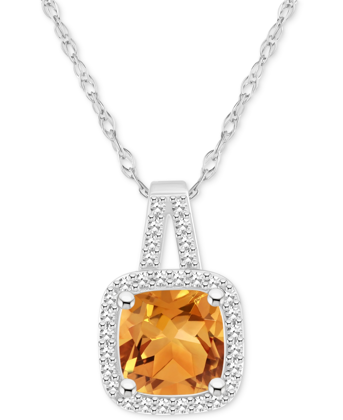 Macy's Amethyst (1-1/2 Ct. T.w.) & Diamond (1/6 Ct. T.w.) Cushion Halo 18" Pendant Necklace In Sterling Sil In Citrine
