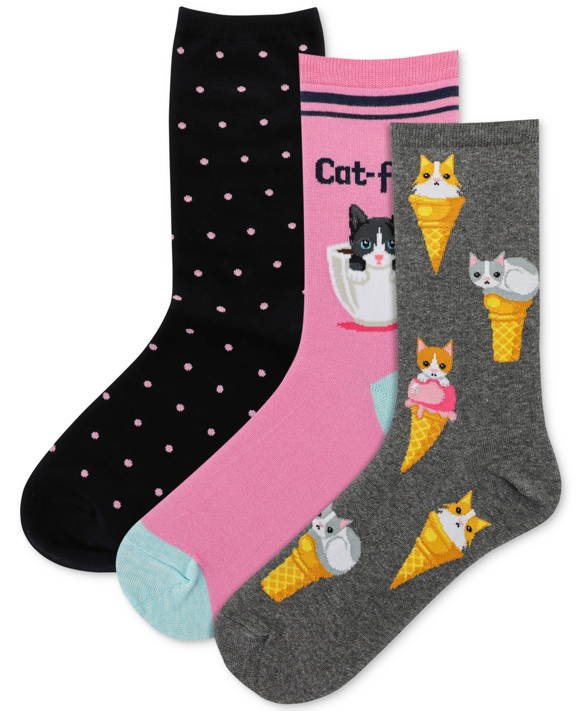 Hot Sox Women's 3-Pk. Assorted Cats Crew Socks