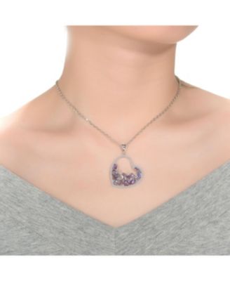 Sterling Silver with White Gold Plating Purple Oval with Clear Round Cubic Zirconia Open Heart Necklace