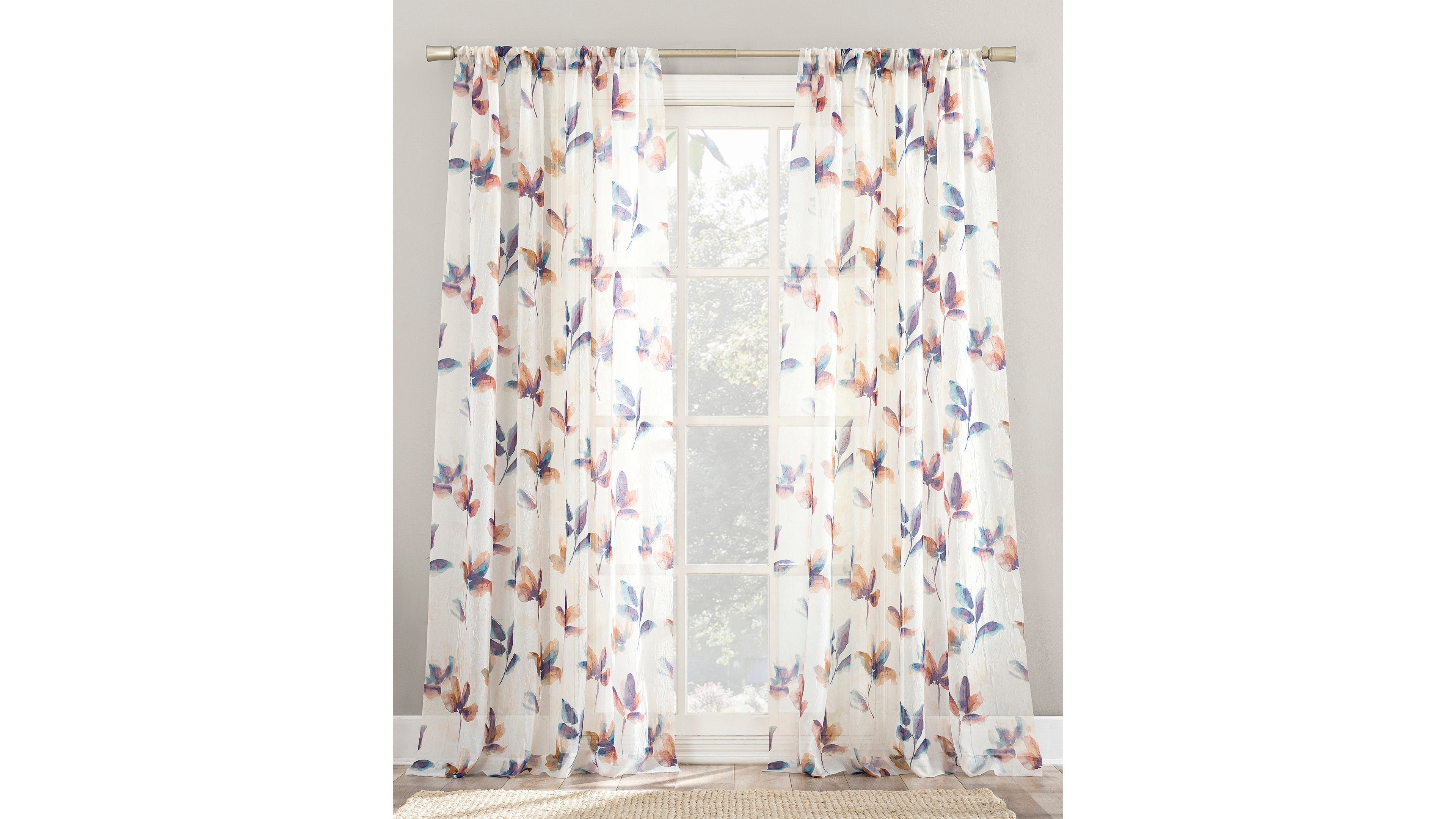 Ellie Floral Print Sheer Rod Pocket Curtain Panel