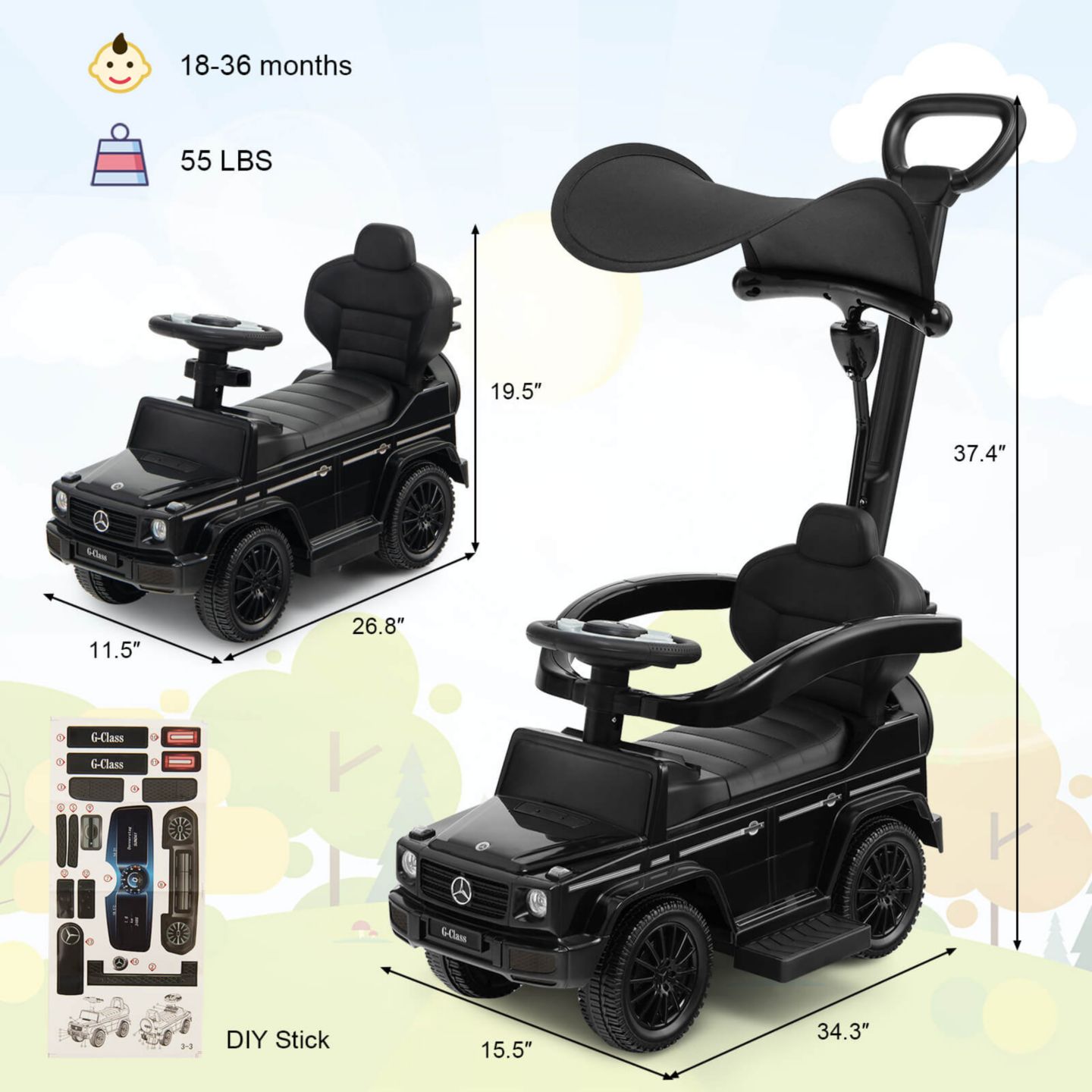 Детская игрушка Costway Mercedes Benz G350 3 in 1 Ride-On Push Car with Handle, Ages 18-36 Months, цвет: Чёрный — фото 11