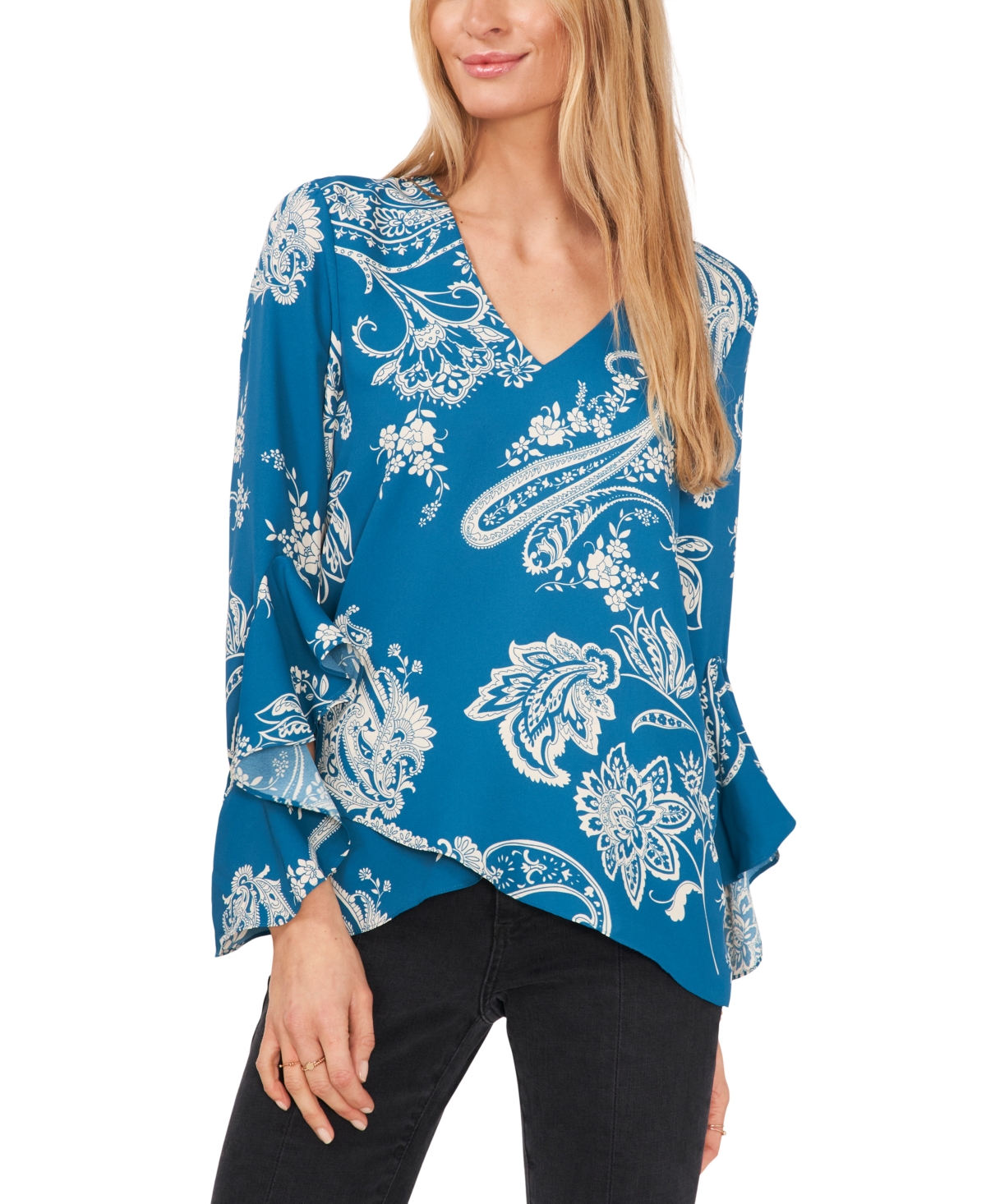 Vince Camuto Women's Flutter Sleeve V-neck Blouse In Teal Waters