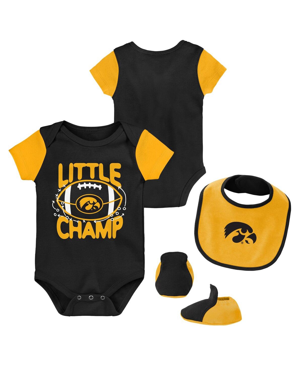 Shop Outerstuff Newborn And Infant Boys And Girls Black, Gold Iowa Hawkeyes Little Champ Bodysuit Bib And Booties Se In Black,gold