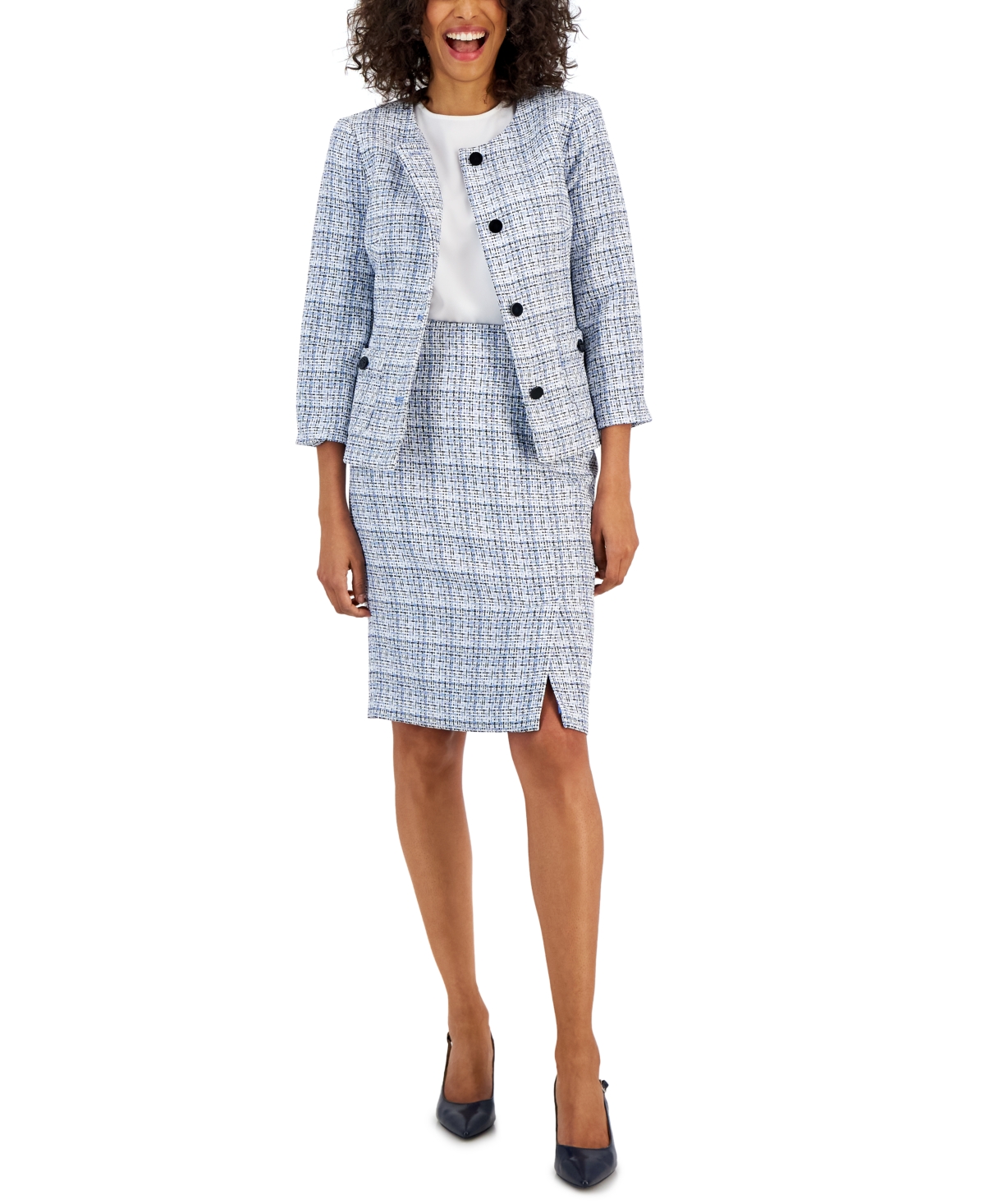 Nipon Boutique Women's Tweed Button-front Jacket & Pencil Skirt Suit In Pale Blue Combo