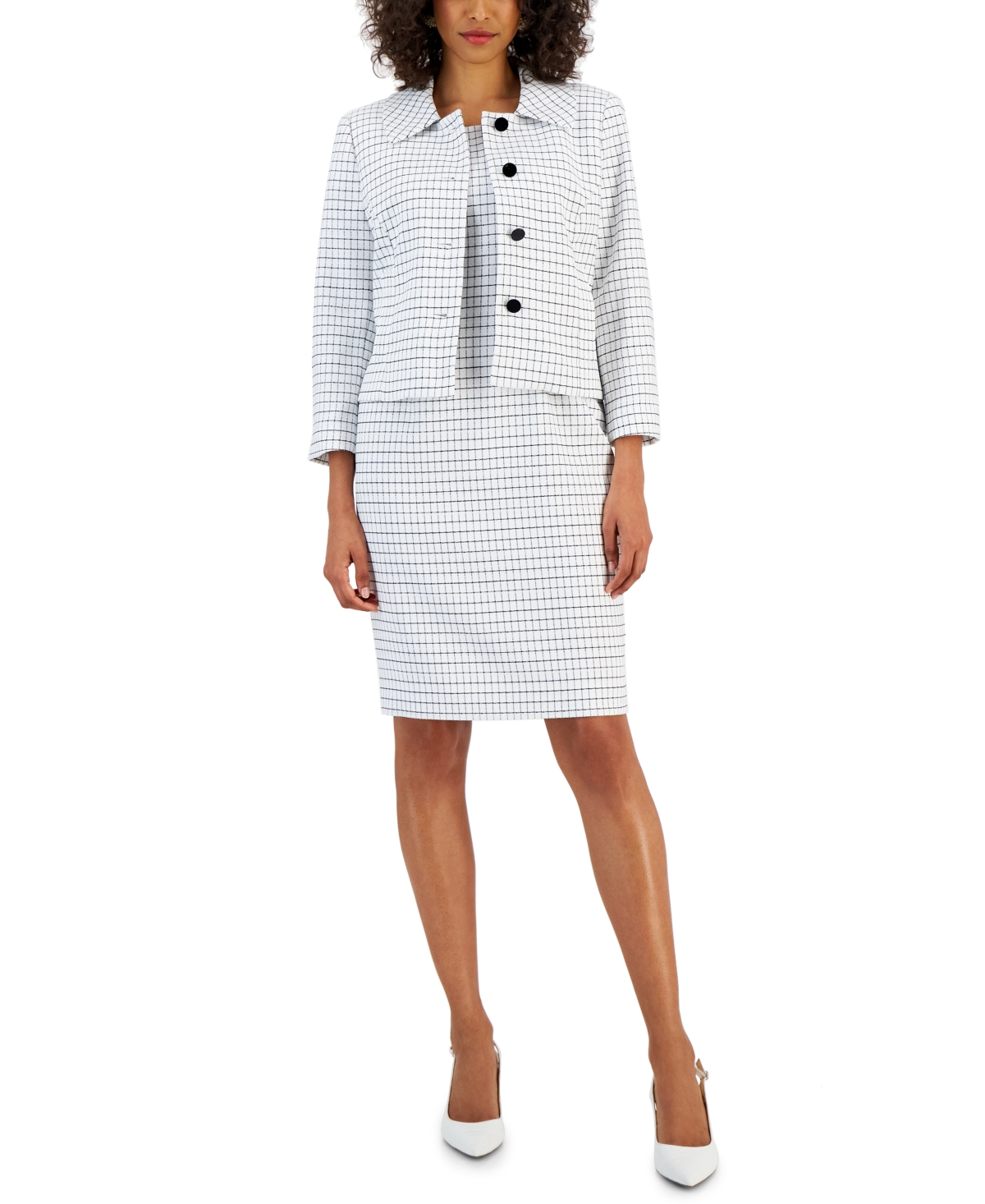 Nipon Boutique Women's Checkered Button-Front Jacket & Sheath Dress Suit -Black