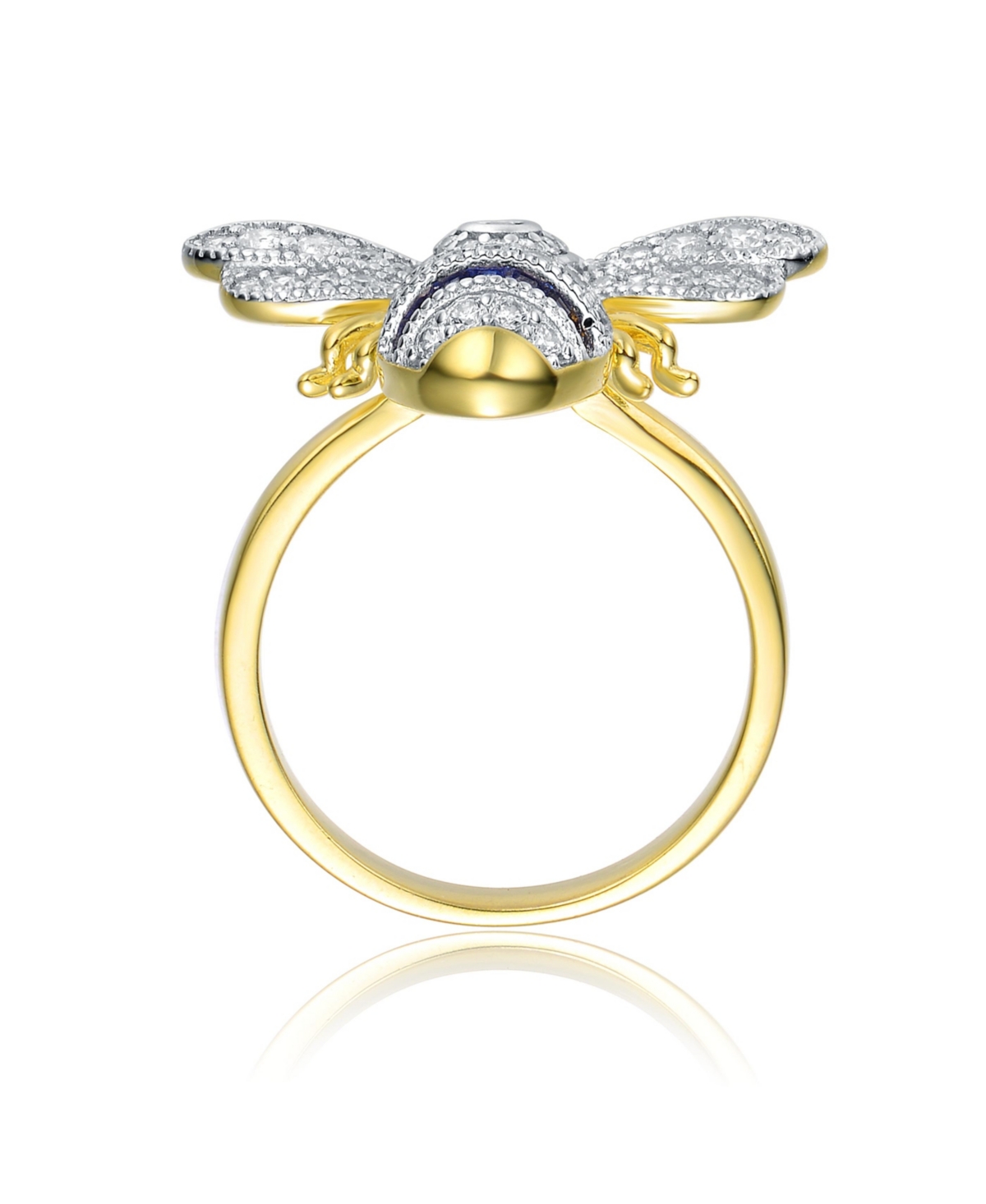 Genevive Sterling Silver 14k Yellow Gold Plated withCubic Zirconia Pave Wasp Ring - Blue
