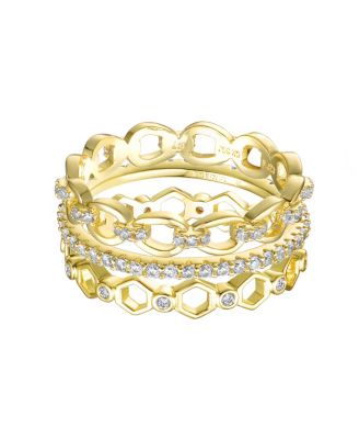 Sterling Silver 14K Gold Plated Clear Cubic Zirconia Wide Band Ring