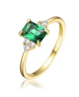 Genevive Sterling Silver 14k Yellow Gold Plated with Emerald & Cubic Zirconia Solitaire Cluster Anniversary Engagement Ring - G