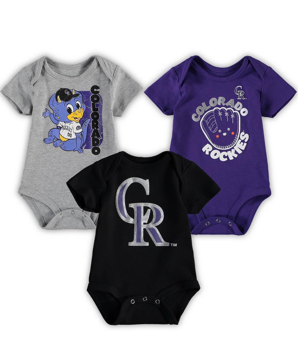 Shop Outerstuff Infant Boys And Girls Black, Heathered Gray, Purple Colorado Rockies Change Up 3-pack Bodysuit Set In Black,heathered Gray,purple