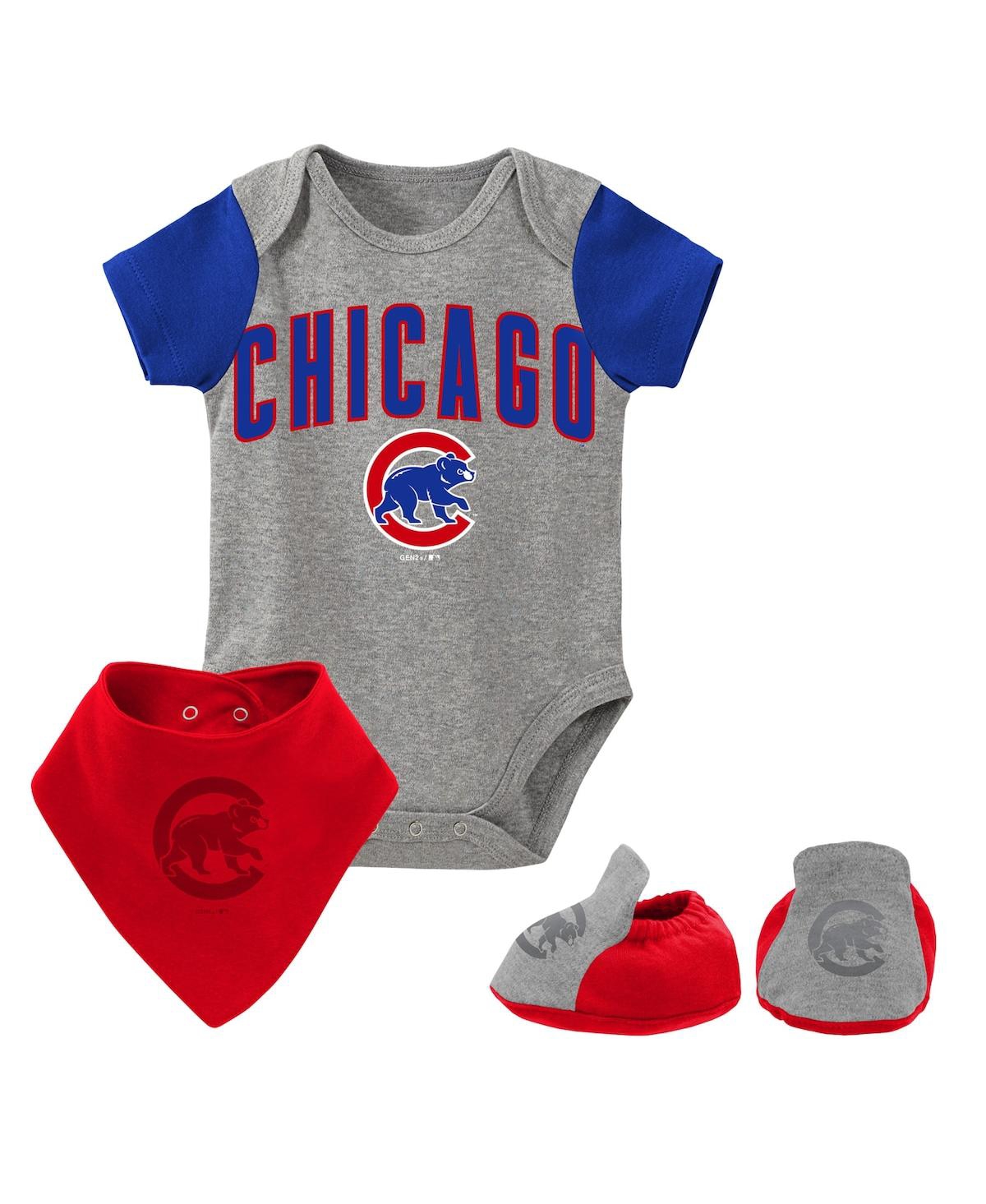 Shop Outerstuff Newborn And Infant Boys And Girls Heathered Gray Chicago Cubs Three-piece Bodysuit Bib And Bootie Se