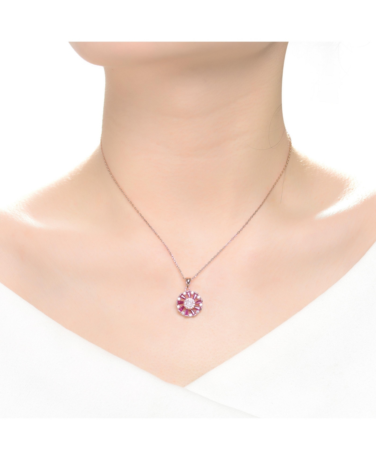 Genevive Sterling Silver Round and Baguette colored Cubic Zirconia Wreath Pendant Necklace